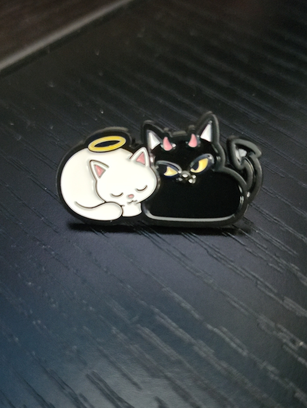 Angel and Devil Cat Enamel Pin – White & Black